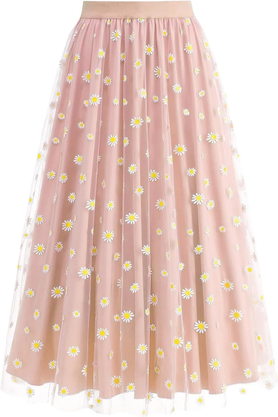Womens Midi Tulle Skirt Daisy Embroidery Floral Layered Elastic High Waist Tutu Skirt Mesh A Line Fairy Skirts