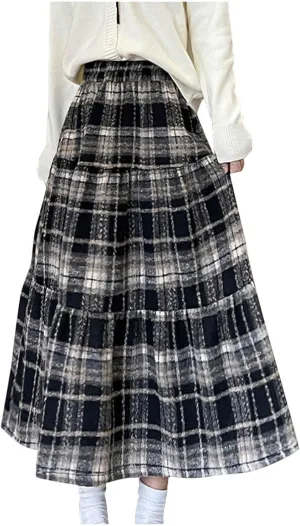 Womens Plaid Skirt Fall Winter Fashion Retro Elastic High Waisted Pleated Skirts Casual Fashion A Line Swing Skirts