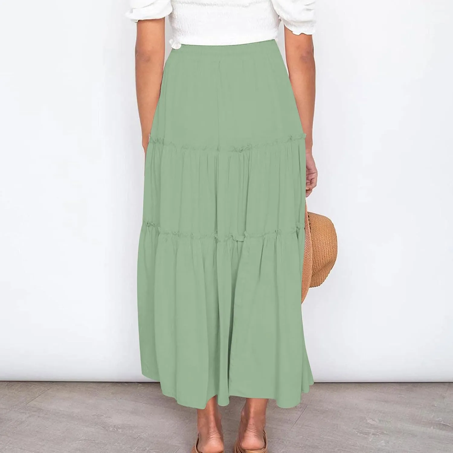 Women's Pleated Midi Skirts Casual Beach Boho Layered Elastic High Waist A-Line Ruffle Swing Long Maxi Skirts