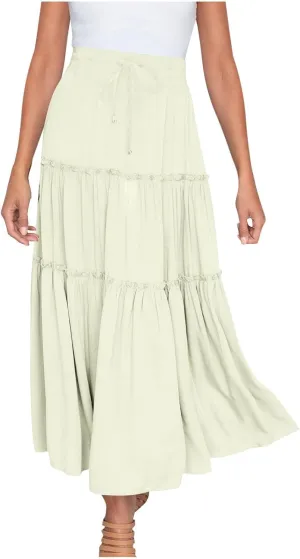 Women's Pleated Midi Skirts Casual Beach Boho Layered Elastic High Waist A-Line Ruffle Swing Long Maxi Skirts