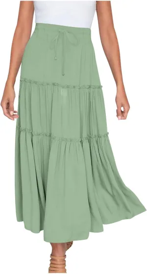 Women's Pleated Midi Skirts Casual Beach Boho Layered Elastic High Waist A-Line Ruffle Swing Long Maxi Skirts