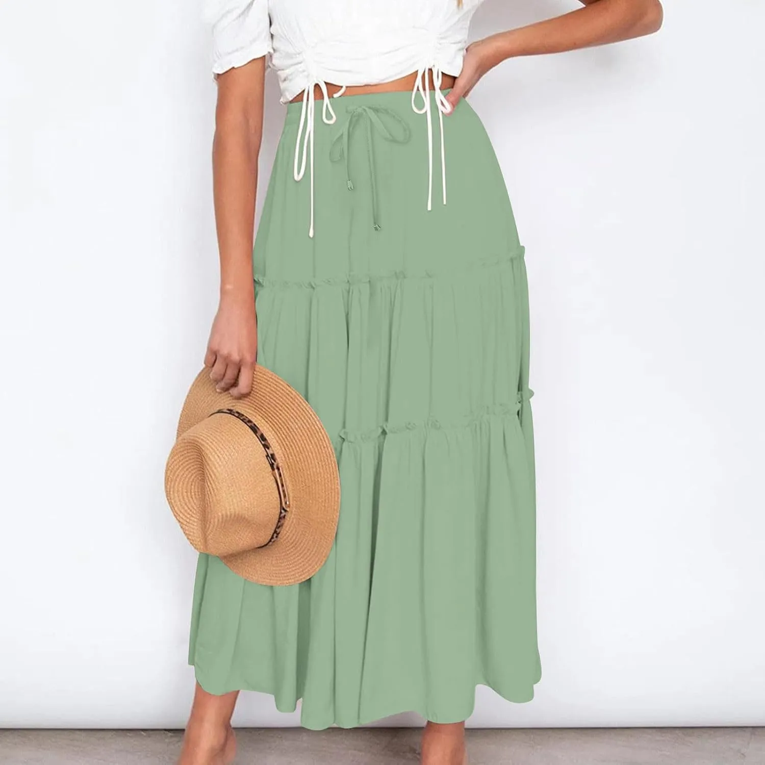 Women's Pleated Midi Skirts Casual Beach Boho Layered Elastic High Waist A-Line Ruffle Swing Long Maxi Skirts