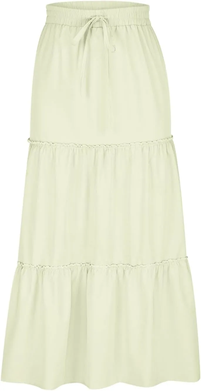 Women's Pleated Midi Skirts Casual Beach Boho Layered Elastic High Waist A-Line Ruffle Swing Long Maxi Skirts