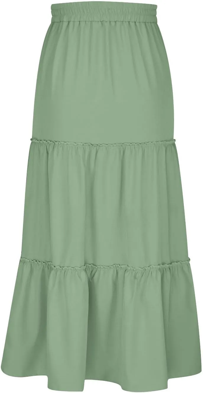Women's Pleated Midi Skirts Casual Beach Boho Layered Elastic High Waist A-Line Ruffle Swing Long Maxi Skirts