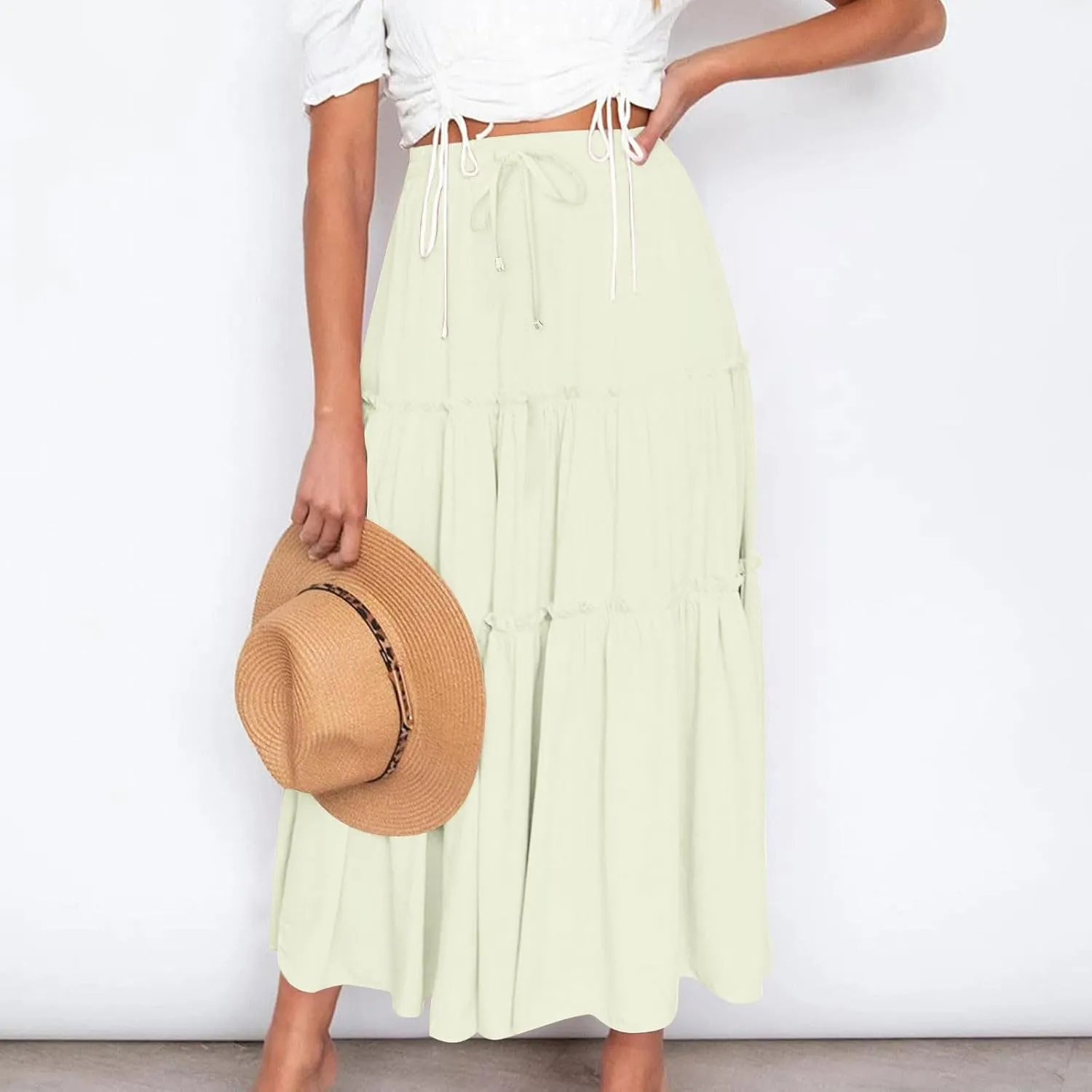 Women's Pleated Midi Skirts Casual Beach Boho Layered Elastic High Waist A-Line Ruffle Swing Long Maxi Skirts