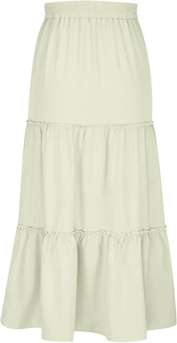 Women's Pleated Midi Skirts Casual Beach Boho Layered Elastic High Waist A-Line Ruffle Swing Long Maxi Skirts