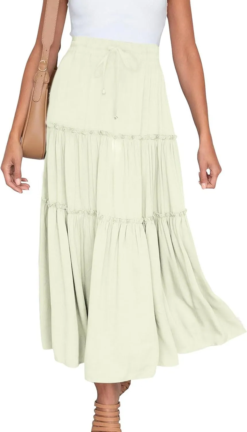 Women's Pleated Midi Skirts Casual Beach Boho Layered Elastic High Waist A-Line Ruffle Swing Long Maxi Skirts