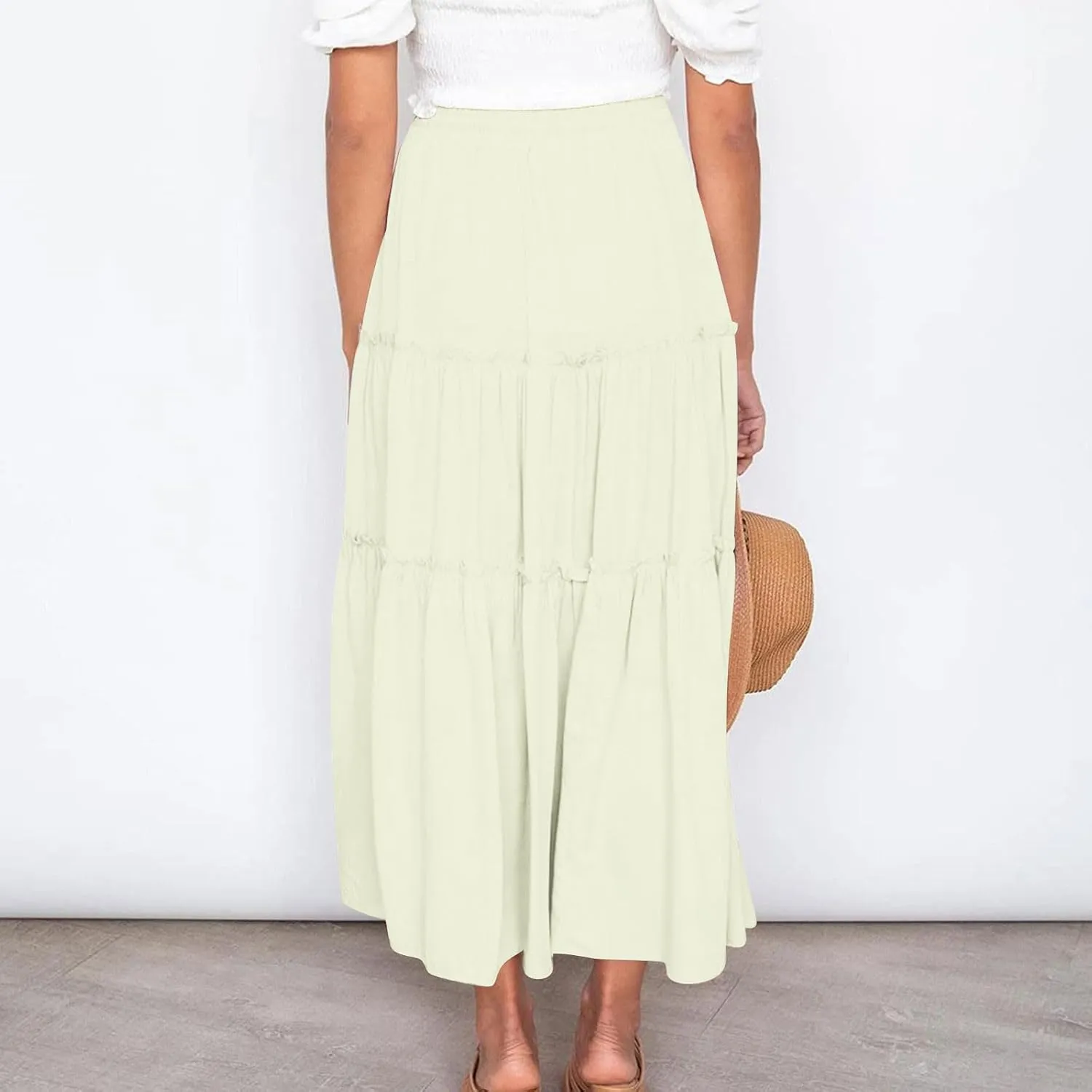 Women's Pleated Midi Skirts Casual Beach Boho Layered Elastic High Waist A-Line Ruffle Swing Long Maxi Skirts