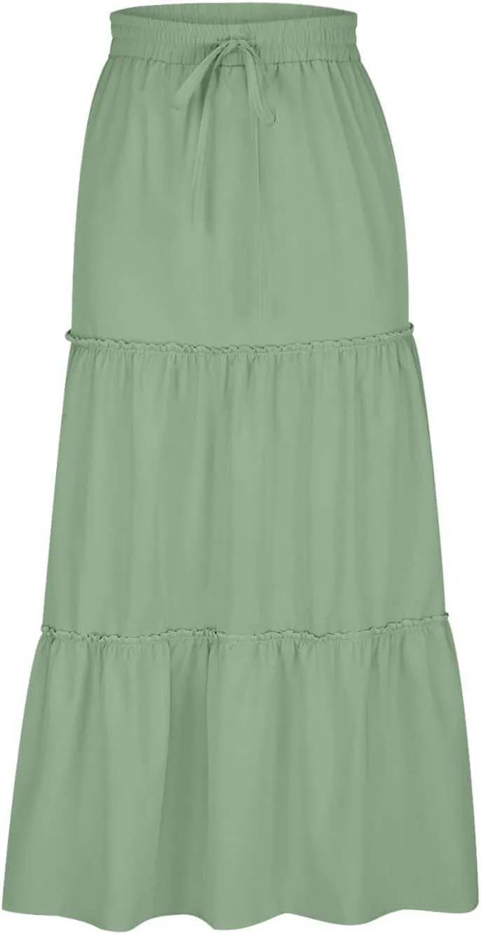 Women's Pleated Midi Skirts Casual Beach Boho Layered Elastic High Waist A-Line Ruffle Swing Long Maxi Skirts