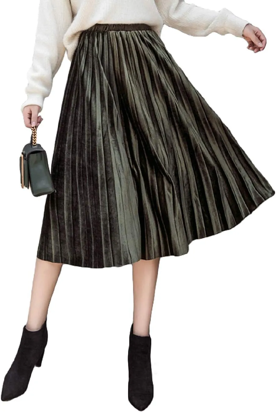 Women's Pleated Skirts Elastic-Waist Velvet Flared Maxi Swing Midiskirts