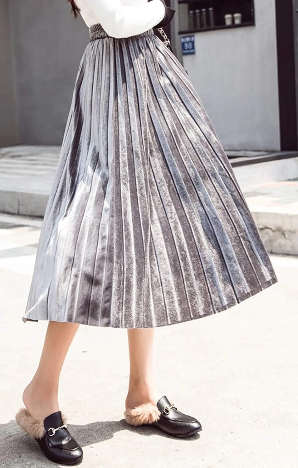Women's Pleated Skirts Elastic-Waist Velvet Flared Maxi Swing Midiskirts