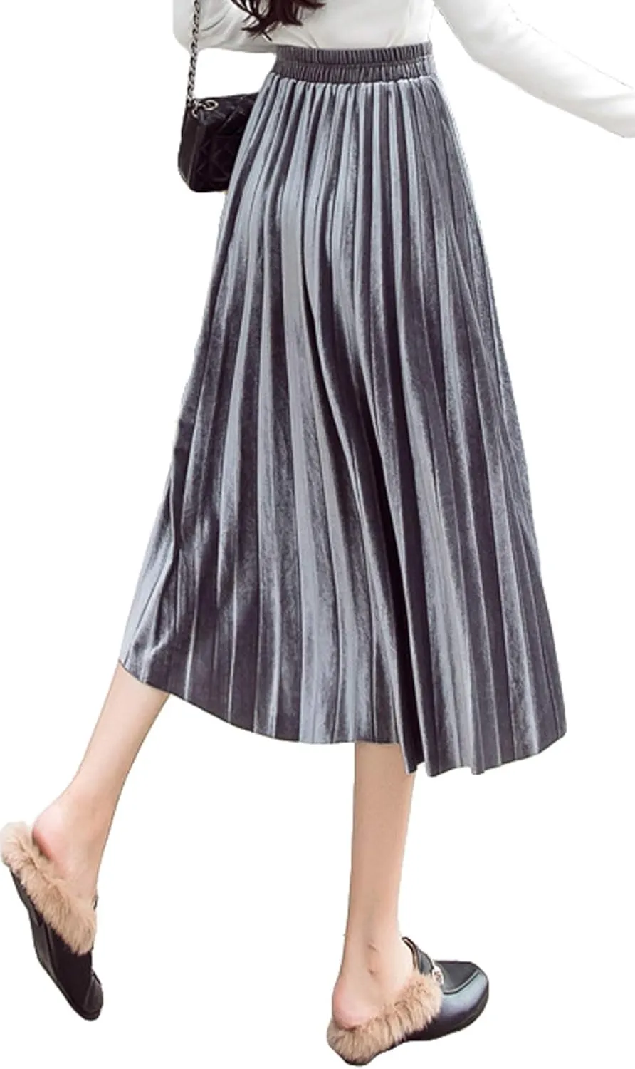 Women's Pleated Skirts Elastic-Waist Velvet Flared Maxi Swing Midiskirts
