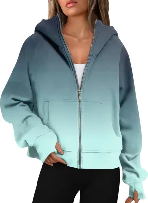 Womens Plus Size Sweatshirt Full Zipper Long Sleeve Coats Thumb Hole Zip Up Hoodie Solid Color Pullover with Pockets