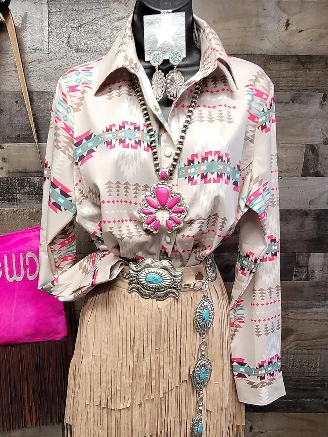 Women's Retro Aztec Shirt Western Cowgirl Pearl Snap Blouses Button Up Long Sleeve Ethnic Printed Top