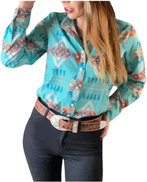 Women's Retro Aztec Shirt Western Cowgirl Pearl Snap Blouses Button Up Long Sleeve Ethnic Printed Top