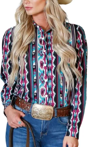 Women's Retro Aztec Shirt Western Cowgirl Pearl Snap Blouses Button Up Long Sleeve Ethnic Printed Top