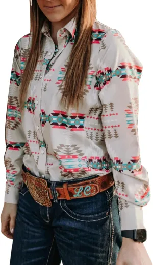 Women's Retro Aztec Shirt Western Cowgirl Pearl Snap Blouses Button Up Long Sleeve Ethnic Printed Top