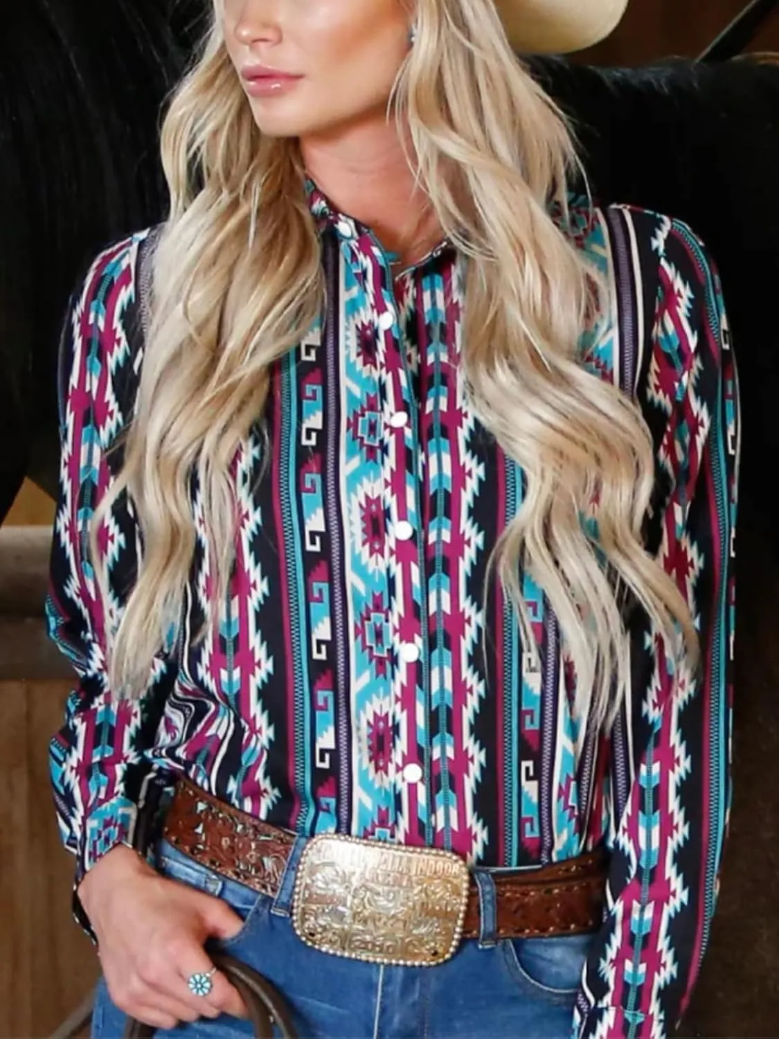 Women's Retro Aztec Shirt Western Cowgirl Pearl Snap Blouses Button Up Long Sleeve Ethnic Printed Top