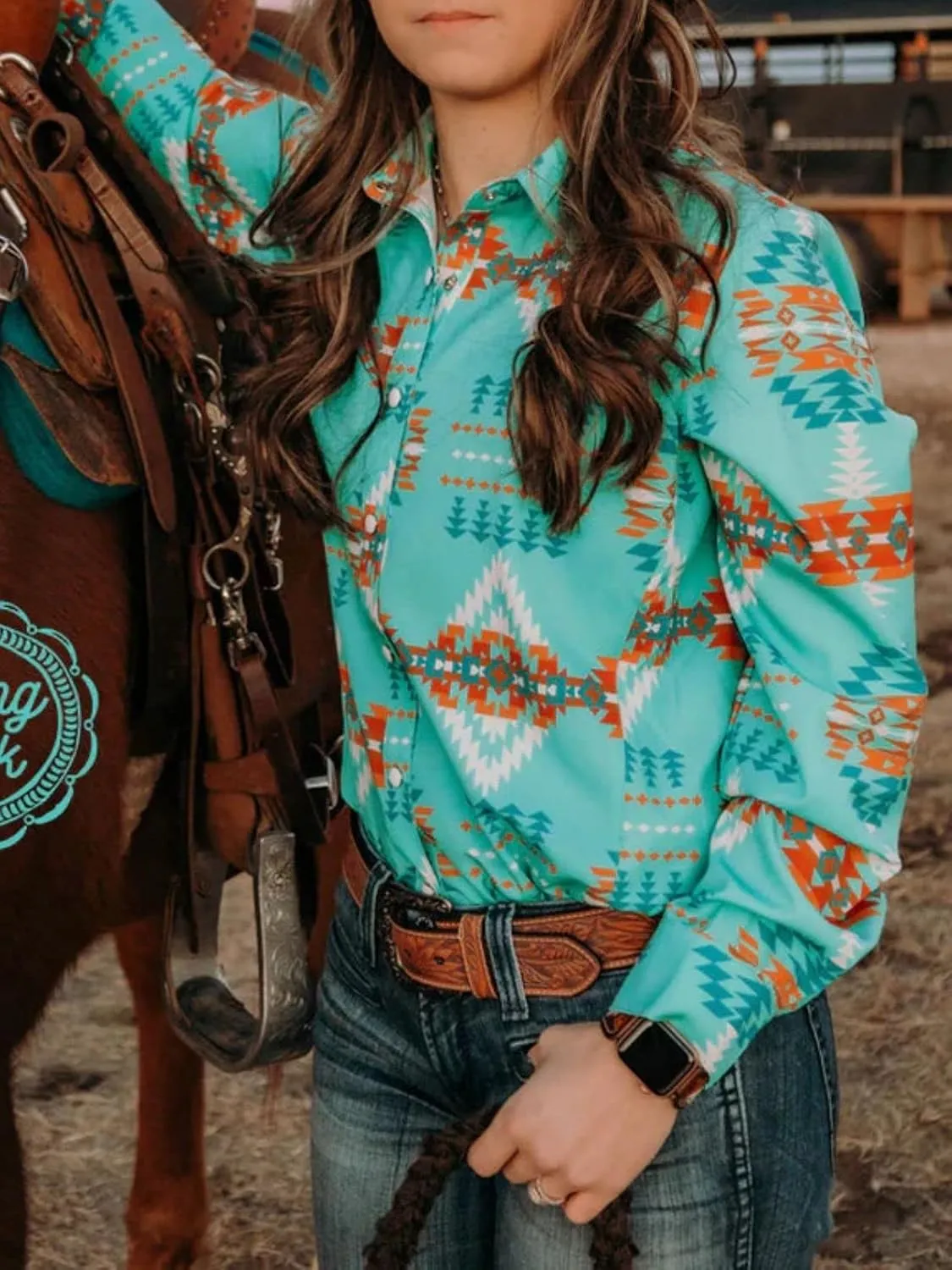 Women's Retro Aztec Shirt Western Cowgirl Pearl Snap Blouses Button Up Long Sleeve Ethnic Printed Top