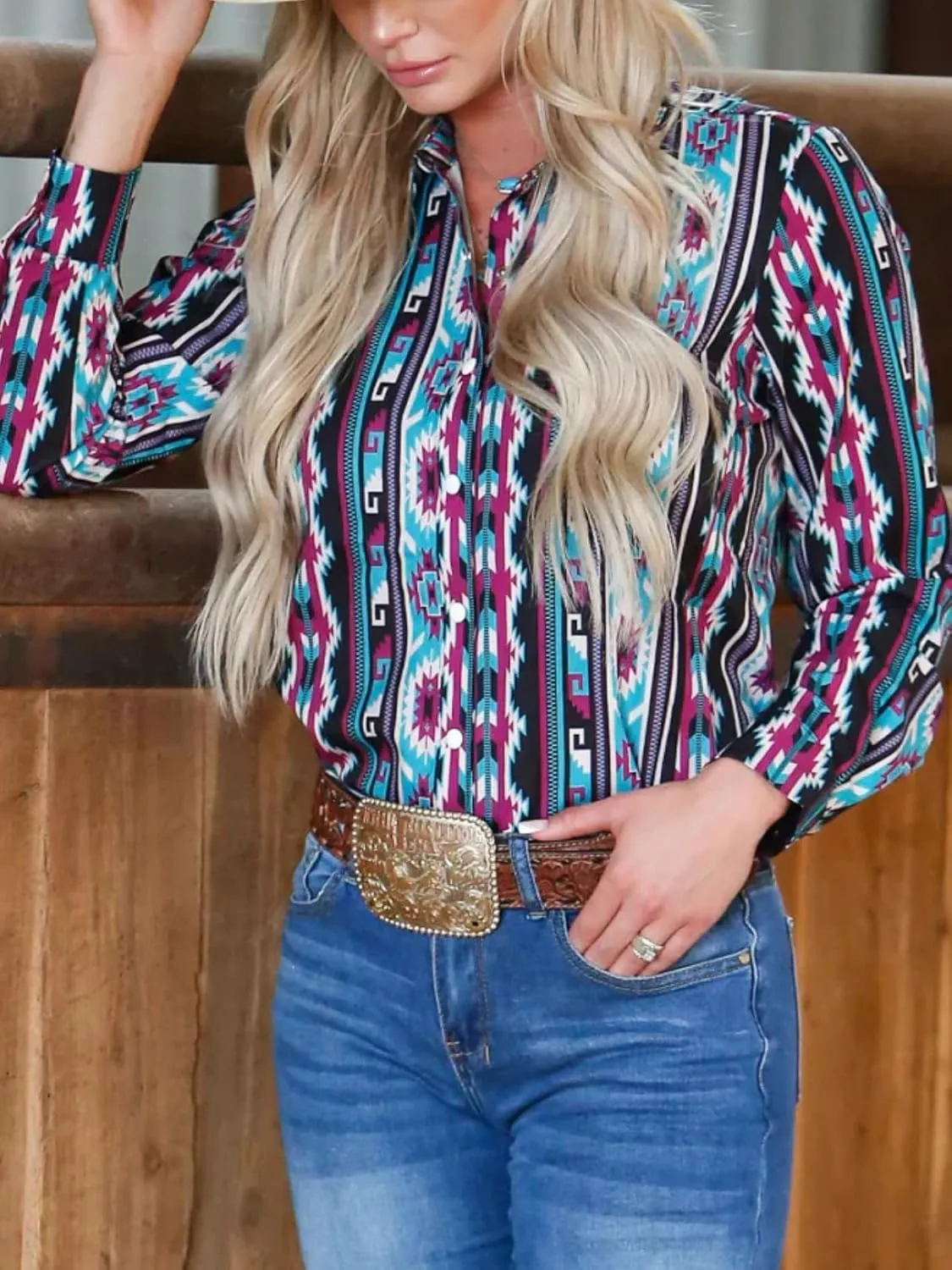 Women's Retro Aztec Shirt Western Cowgirl Pearl Snap Blouses Button Up Long Sleeve Ethnic Printed Top