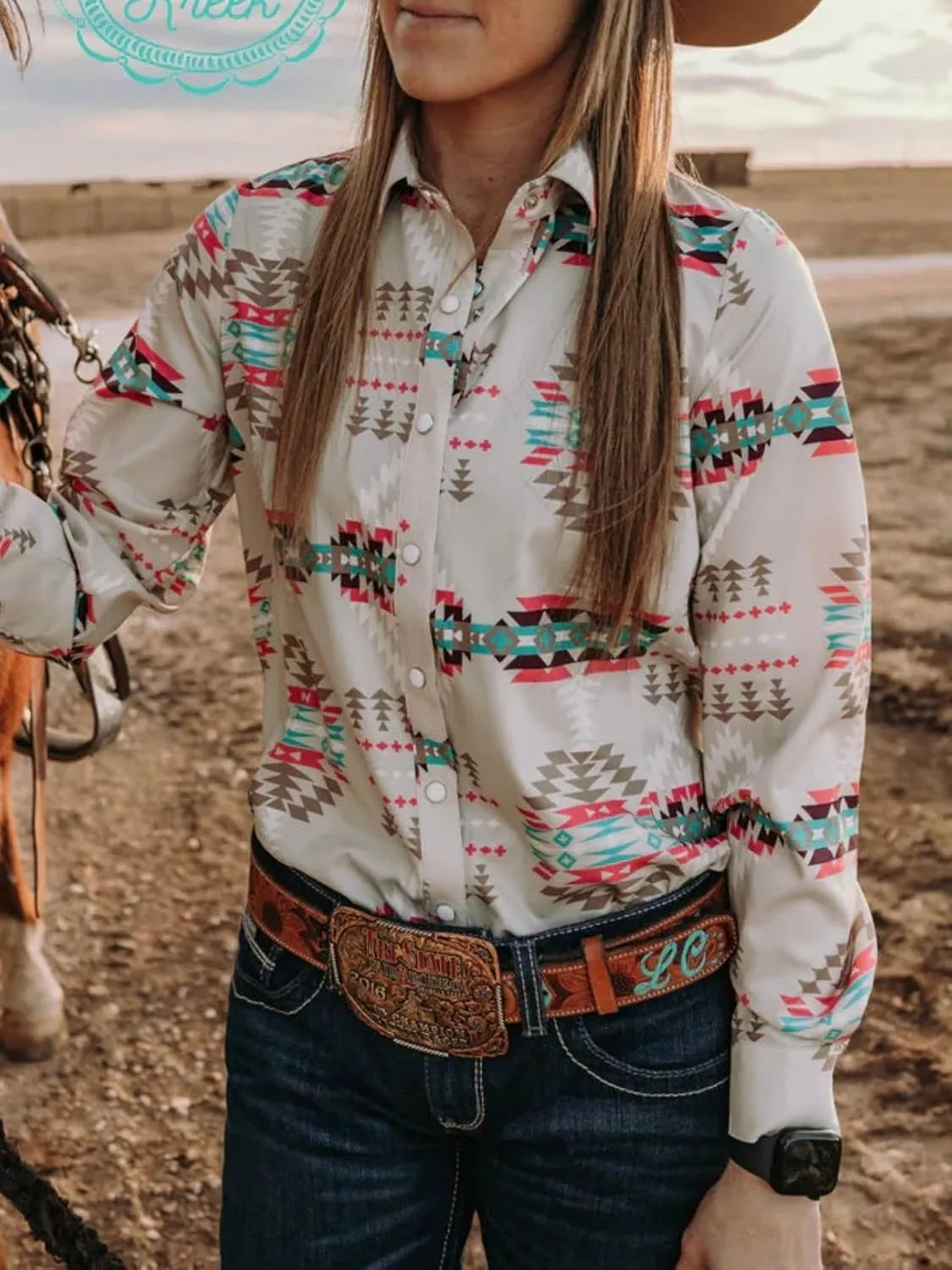 Women's Retro Aztec Shirt Western Cowgirl Pearl Snap Blouses Button Up Long Sleeve Ethnic Printed Top
