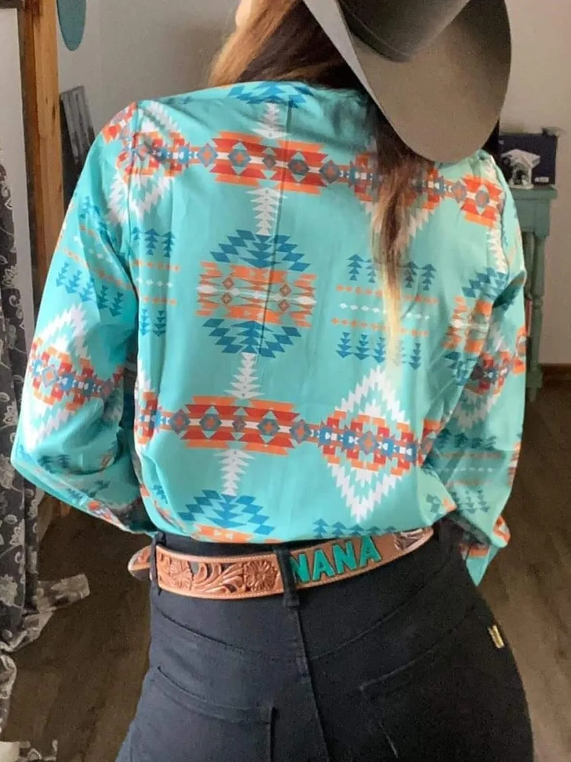 Women's Retro Aztec Shirt Western Cowgirl Pearl Snap Blouses Button Up Long Sleeve Ethnic Printed Top