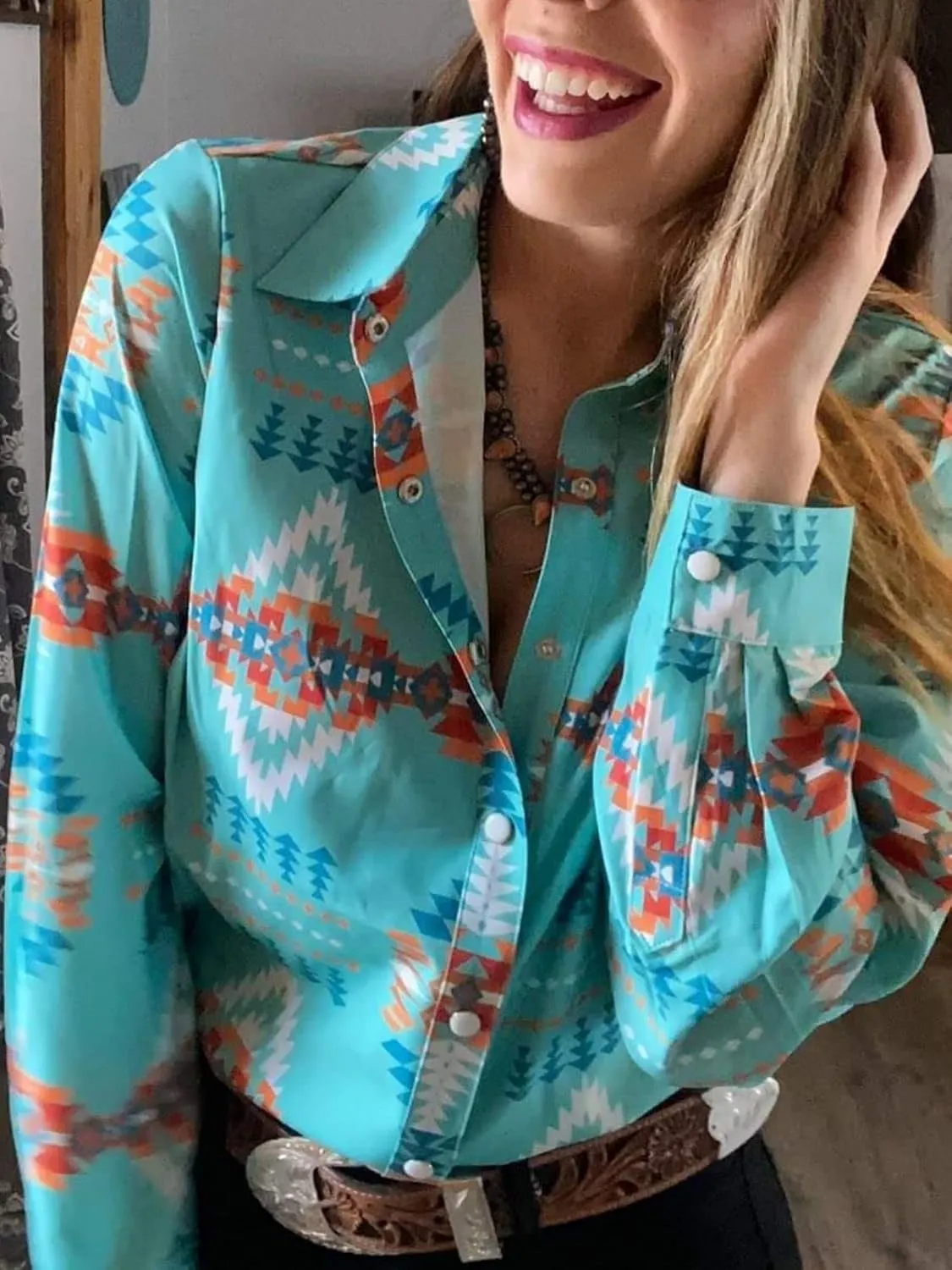 Women's Retro Aztec Shirt Western Cowgirl Pearl Snap Blouses Button Up Long Sleeve Ethnic Printed Top