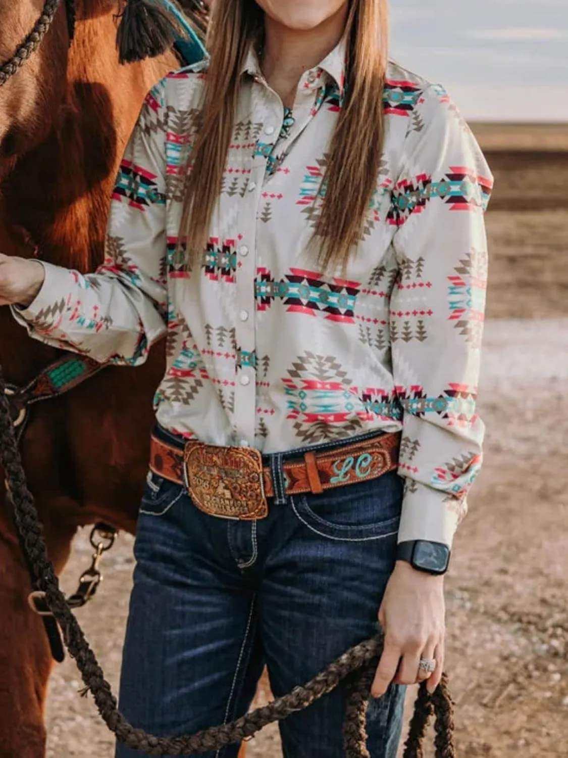 Women's Retro Aztec Shirt Western Cowgirl Pearl Snap Blouses Button Up Long Sleeve Ethnic Printed Top