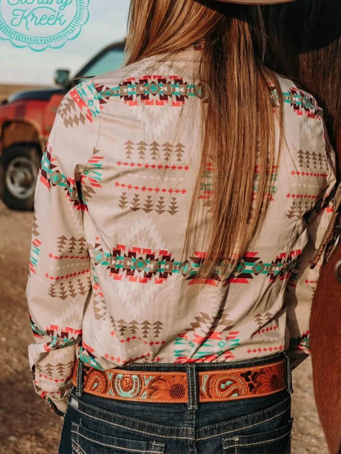 Women's Retro Aztec Shirt Western Cowgirl Pearl Snap Blouses Button Up Long Sleeve Ethnic Printed Top