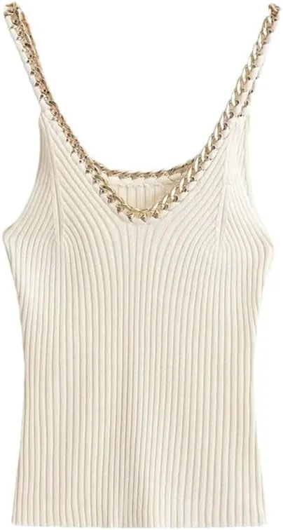 Women's Ribbed Knit Chain V Neck Camisole