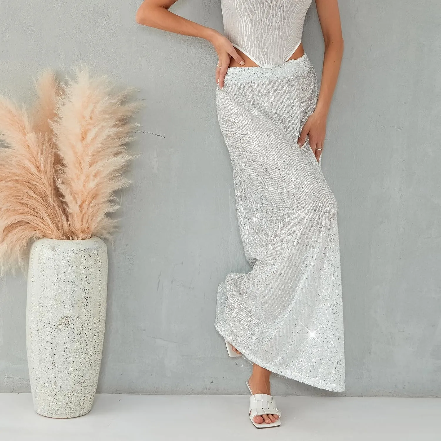 Womens Sequin Maxi Skirt Elastic Low Waist Sparkle Split Hem Night Out Party Party Bling Maxi Skirt