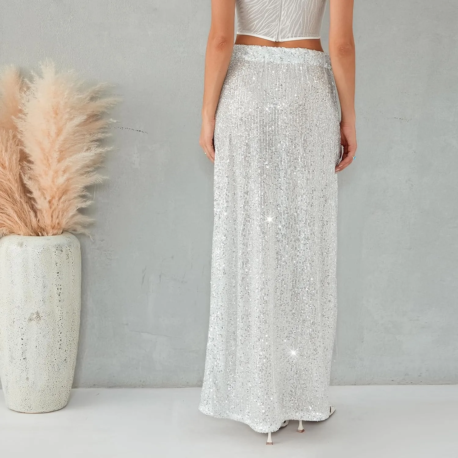 Womens Sequin Maxi Skirt Elastic Low Waist Sparkle Split Hem Night Out Party Party Bling Maxi Skirt