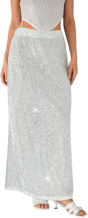 Womens Sequin Maxi Skirt Elastic Low Waist Sparkle Split Hem Night Out Party Party Bling Maxi Skirt
