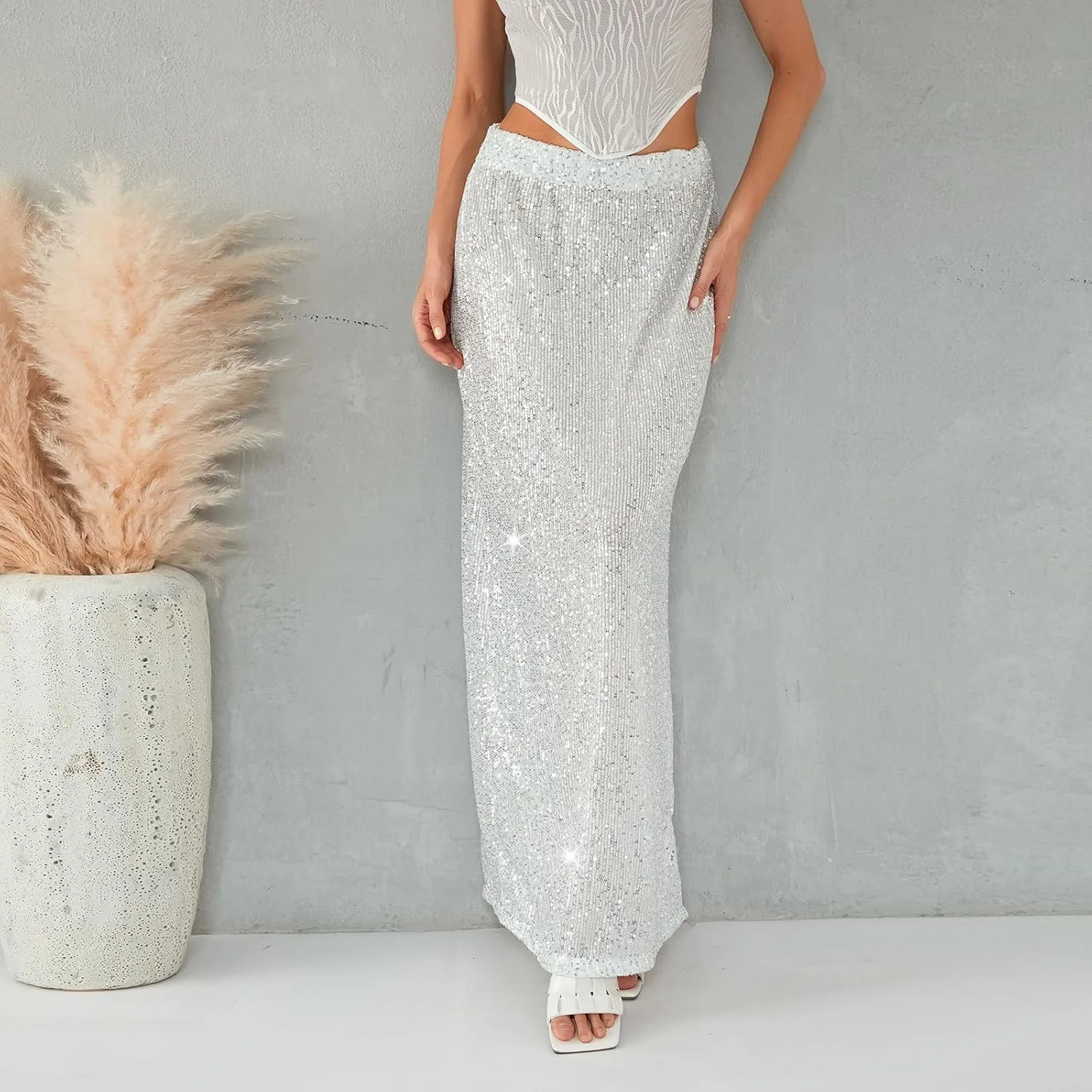 Womens Sequin Maxi Skirt Elastic Low Waist Sparkle Split Hem Night Out Party Party Bling Maxi Skirt