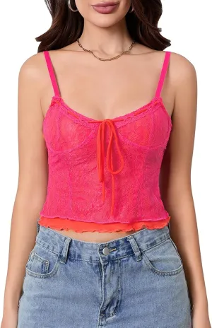 Womens Sexy Lace Cami Top Spaghetti Strap Low Cut Sleeveless Backless Floral Mesh Tank Tops Y2K Club Party Shirt