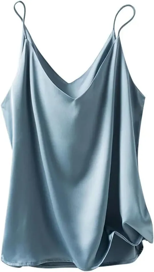 Women's Silk Satin Tank Tops Summer Slim Sleeveless V-Neck Spaghetti Strap Camisole