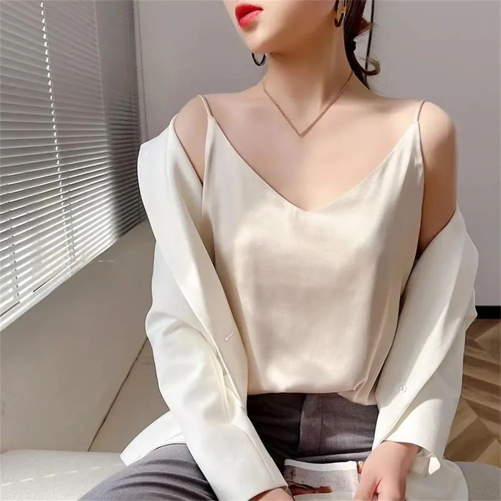 Women's Silk Satin Tank Tops Summer Slim Sleeveless V-Neck Spaghetti Strap Camisole