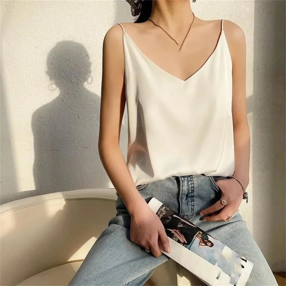 Women's Silk Satin Tank Tops Summer Slim Sleeveless V-Neck Spaghetti Strap Camisole