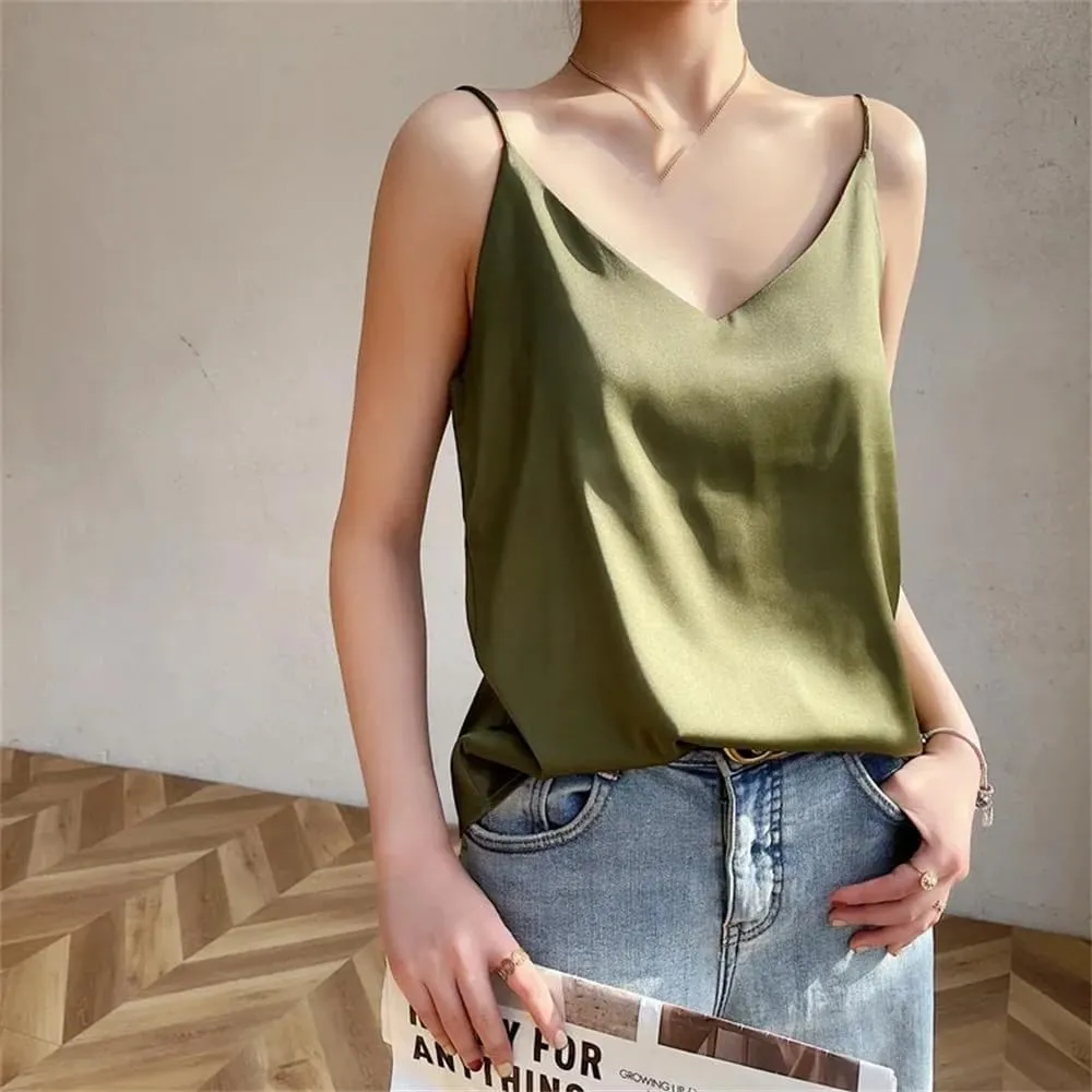 Women's Silk Satin Tank Tops Summer Slim Sleeveless V-Neck Spaghetti Strap Camisole