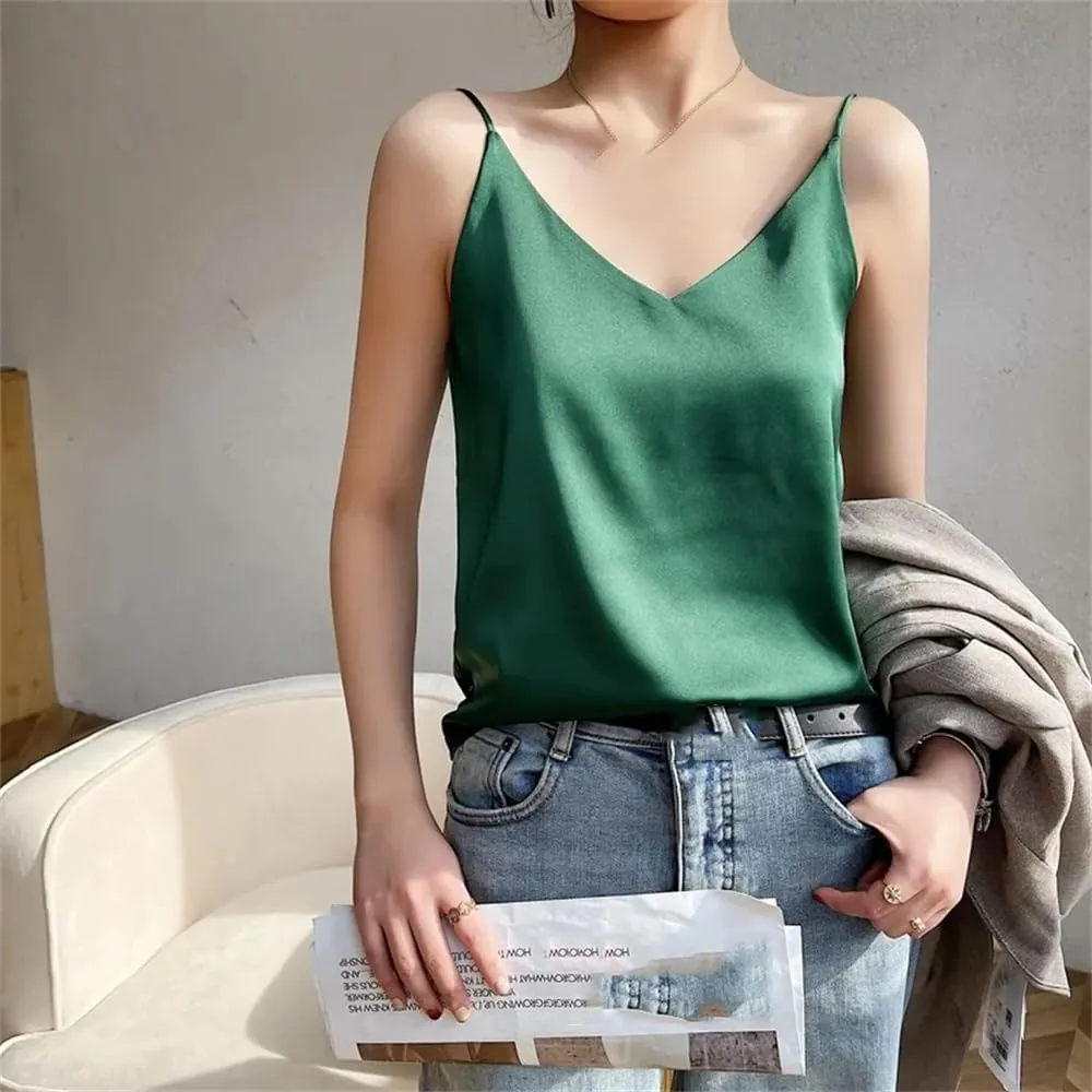 Women's Silk Satin Tank Tops Summer Slim Sleeveless V-Neck Spaghetti Strap Camisole