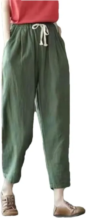 Women's Solid Color Cotton and Linen Pants Retro Loose Street Harem Casual High Waist Drawstring Pants