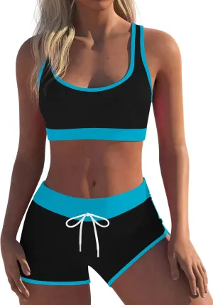 Womens Sport Two Piece Swimsuits Racerback Tops Boyshort Bottom