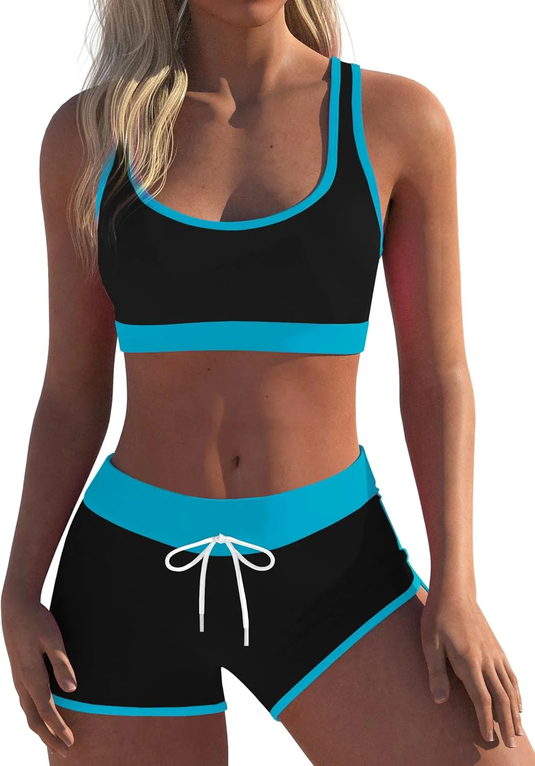 Womens Sport Two Piece Swimsuits Racerback Tops Boyshort Bottom