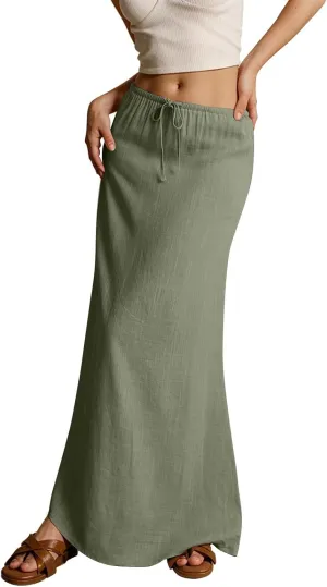 Womens Spring Skirt Cotton Linen Long Summer Casual Drawstring Low Waist Cotton Skirt Flowy Vacation Boho