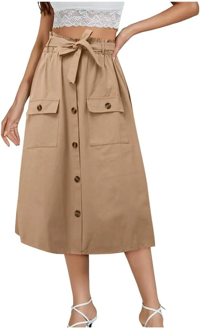Womens Summer Autumn Skirts Midi Knee Length Button High Waist Skirt Female Pleated School Skirt with Pocket