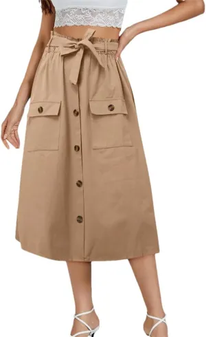 Womens Summer Autumn Skirts Midi Knee Length Button High Waist Skirt Female Pleated School Skirt with Pocket