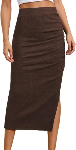 Womens Summer Flowy Skirt Dress High Waist Ruched Slit Midi Skirt