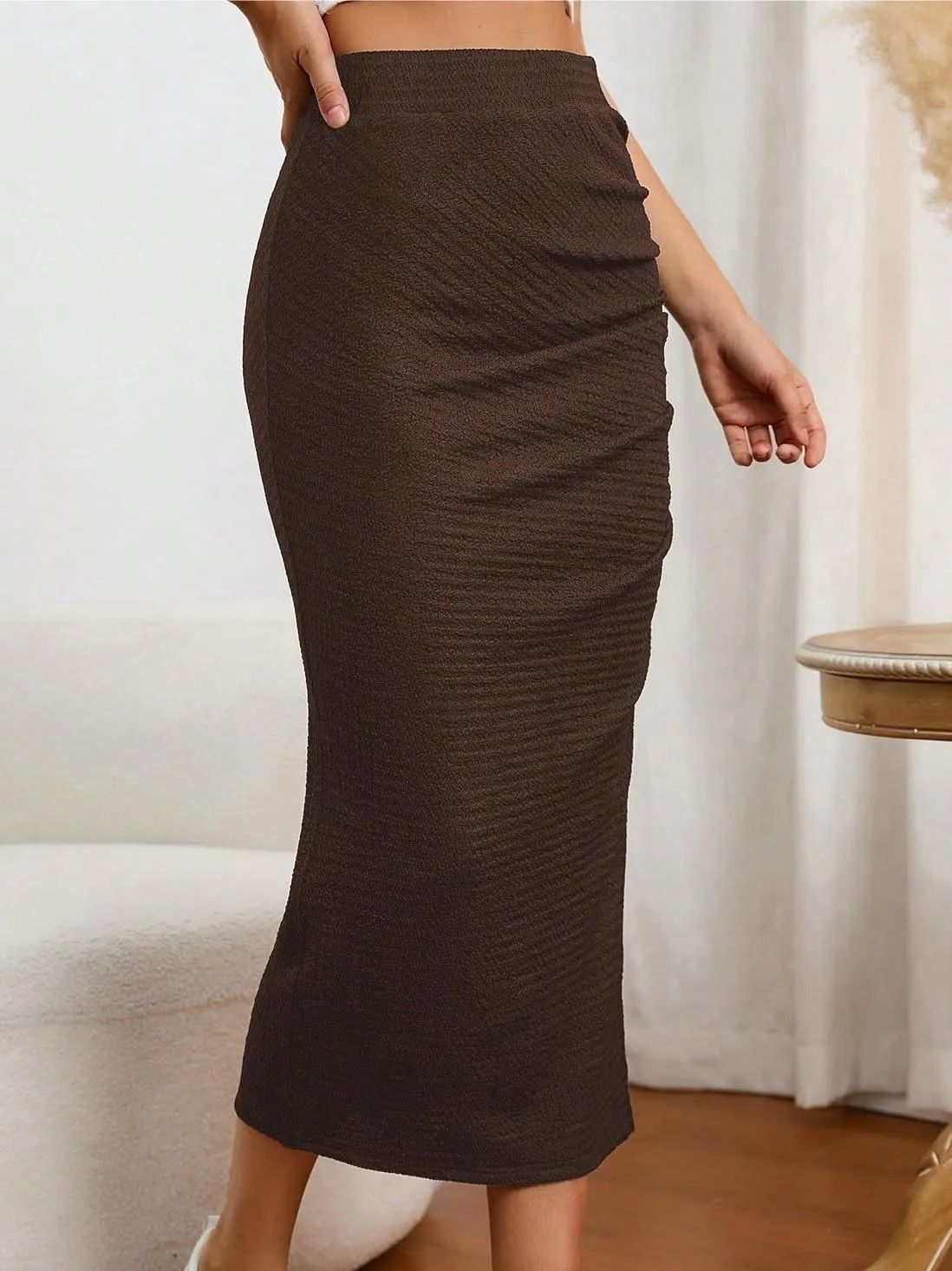 Womens Summer Flowy Skirt Dress High Waist Ruched Slit Midi Skirt