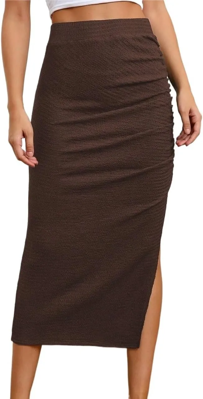 Womens Summer Flowy Skirt Dress High Waist Ruched Slit Midi Skirt