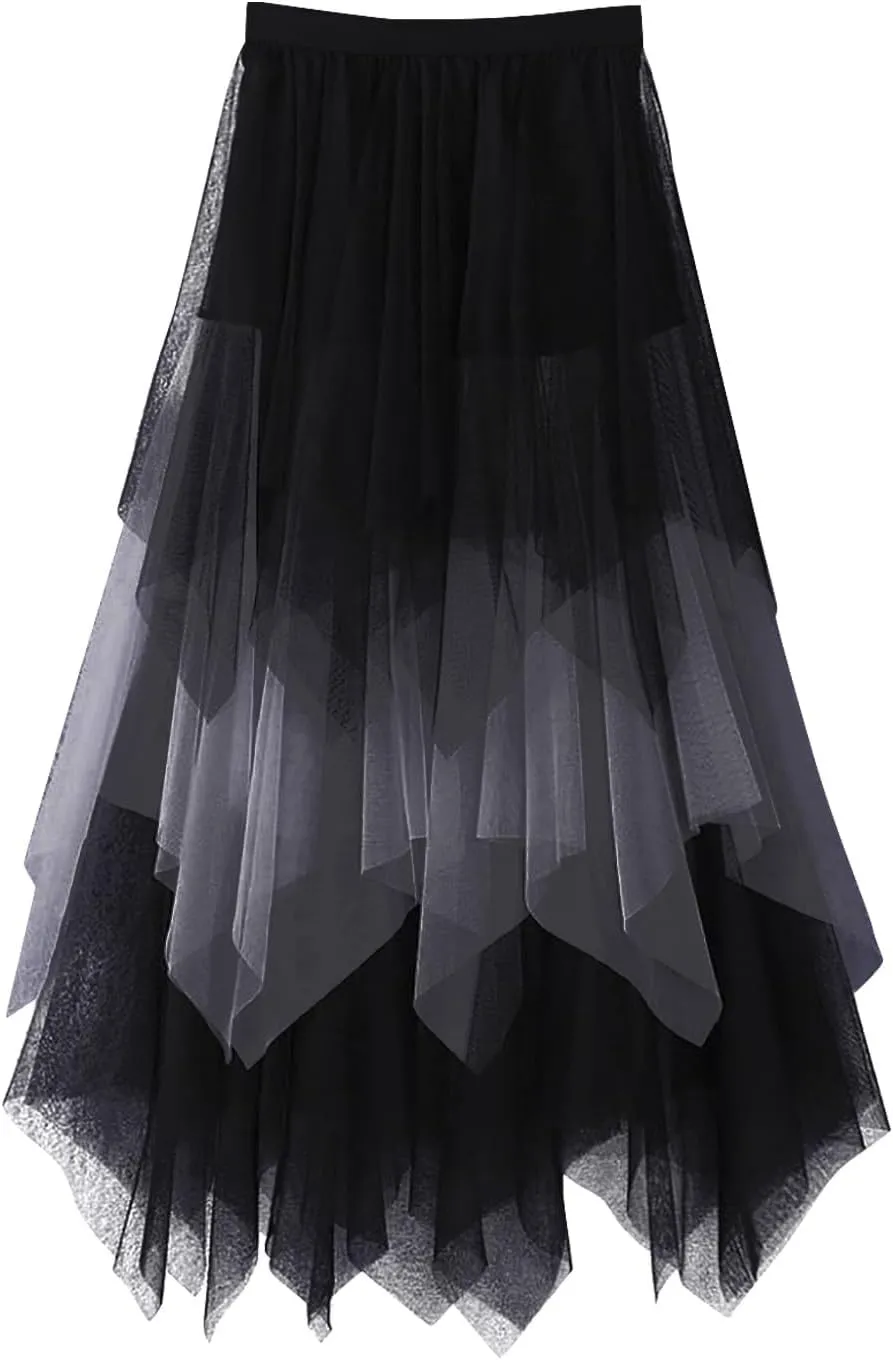Women's Tulle Skirt Midi Long Fairy Skirt 2025 Trendy A-Line Ruffle Layered High Elastic Waist Puffy Skirts